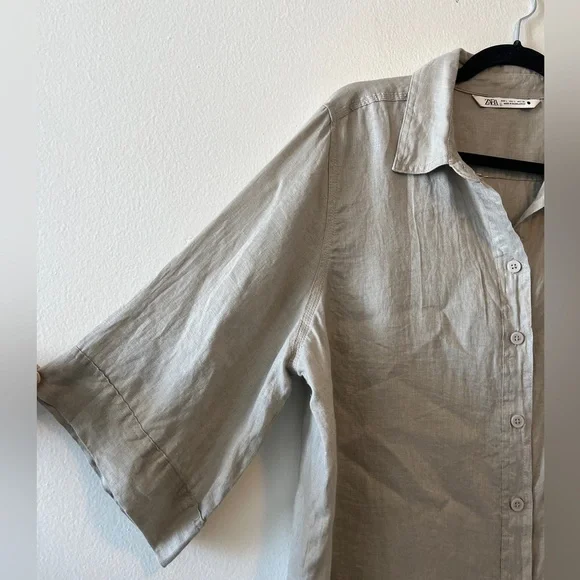Zara 100% Linen Taupe Gray Lightweight Boxy Shirt Size Large Button Down Casual - Picture 8 of 11